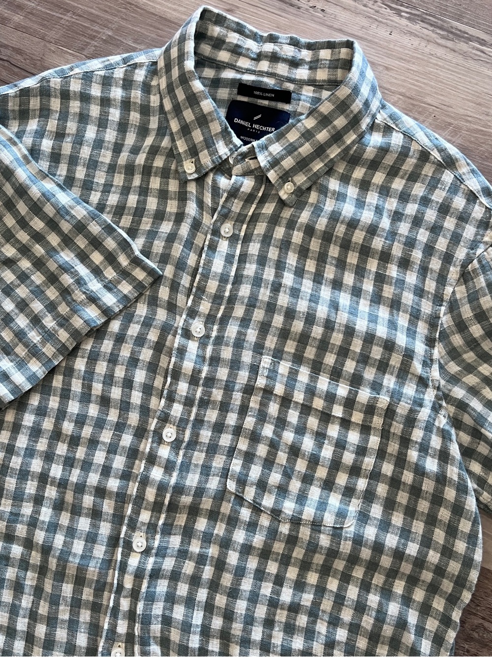 Daniel Hechter Paris Mens Sz L 100% Linen Shirt Green White Plaid Short Sleeve